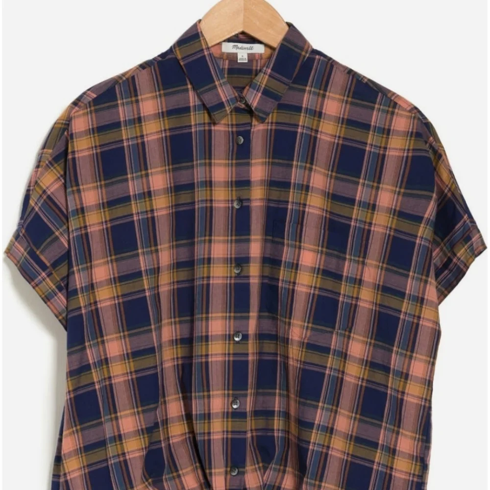 Madewell Plaid Tie Hem Button Front Short Sleeve Shirt Navy Blue Peach Medium - Picture 12 of 12